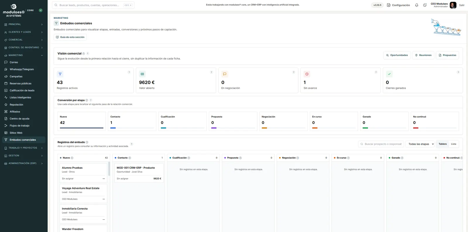 Embudos comerciales tipo kanban con conversión por etapa